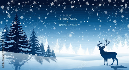 Magical Snowy Forest Landscape with Deer and Christmas Trees
