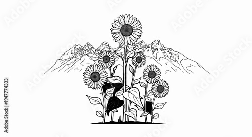 Sunflowers bloom before a dramatic mountain range in this line art