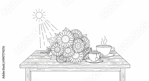 Sunlit sunflowers and steaming cups of tea on a wooden table