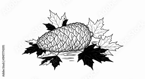 Stylized pine cone and maple leaves in black and white sketch