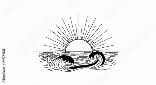 Sunrise over ocean with cresting waves and a surfboard