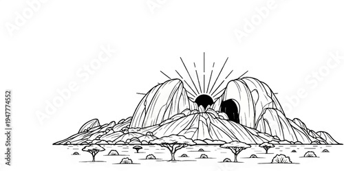 Sunrise over rocky outcrop with sparse acacia trees in savanna