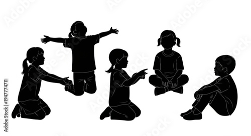 Silhouettes of happy children playing.