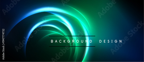 Abstract neon swirls, vibrant blue, green hues. Dark background emphasizes glowing circular design elements. Text reads background design.