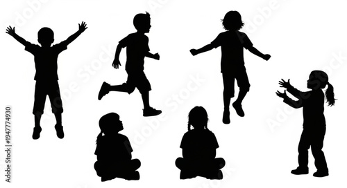 Silhouettes of happy children playing.