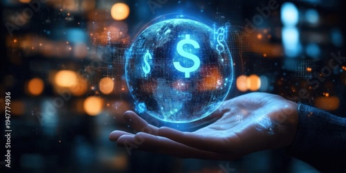 hand holding glowing digital globe with dollar symbols, futuristic financial technology conveying optimism and innovation