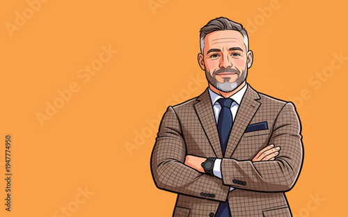 A businessman poses with arms crossed in front of an orange background. He is wearing a suit and has a confident expression.