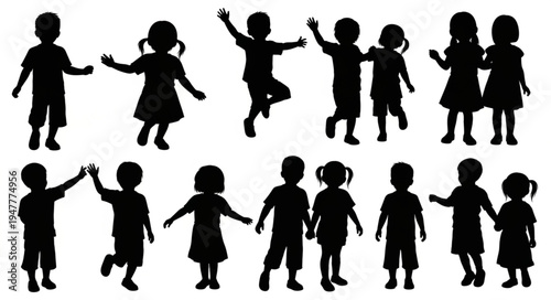 Silhouettes of Happy Children Playing.