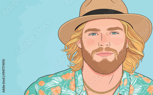 A man poses with long blond hair and a beard. He wears a hat and a colorful floral shirt against a blue background.