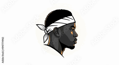 Stylized portrait of a young man in profile, wearing a white bandana