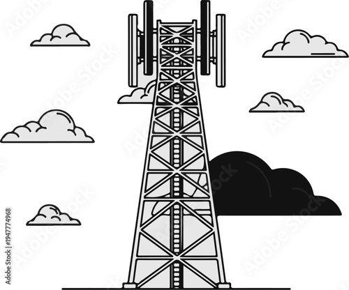 Tall metal lattice tower with antennas stands against a sky with clouds