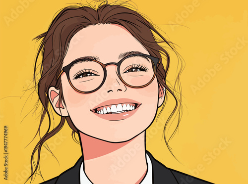 A young woman with glasses smiles widely. She has loose hair and wears a dark suit. The background is bright yellow.