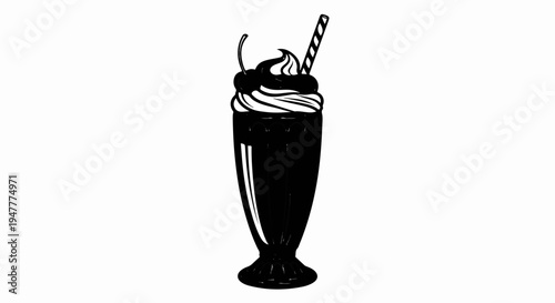 Tall glass filled with dark liquid, topped with whipped cream, cherry, and straw