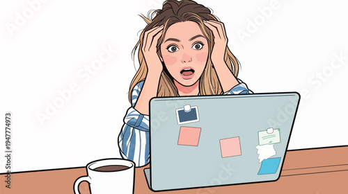 A person sits at a desk with a laptop. She looks stressed and surprised while drinking coffee. It is daytime in a home office.