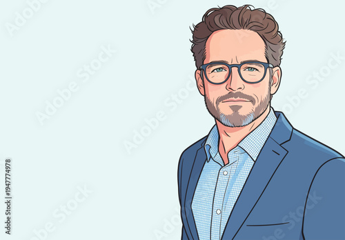 A man in a blue suit and glasses poses in a relaxed manner against a soft background. He shows a friendly expression while standing.