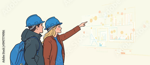 Two workers look at a display showing project plans in a construction site meeting room. They are discussing details.