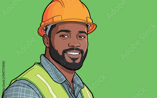 A construction worker with a hard hat and safety vest smiles while standing against a bright green background.