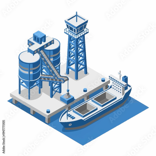 Isometric illustration of a cargo ship being loaded at a port facility.