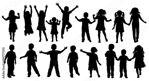 Silhouettes of happy dancing children.