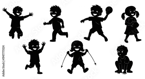 Silhouettes of happy dancing children.