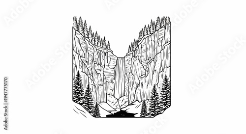 Tall waterfall plunges into dark pool surrounded by rocky cliffs and trees