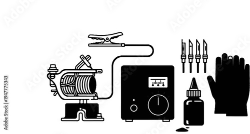 Tattoo machine, power supply, ink, needles, and gloves