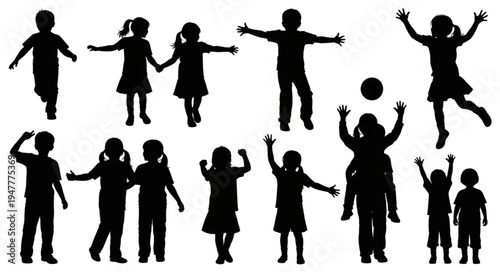 Silhouettes of happy jumping children.