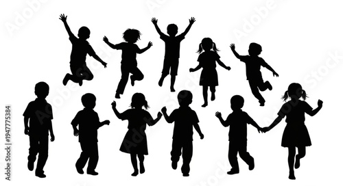Silhouettes of happy jumping children.