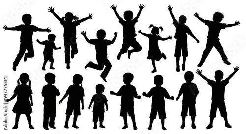 Silhouettes of happy jumping children.