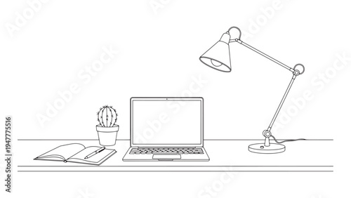 Minimal Desk Setup with Laptop and Lamp Illustration for Study Workspace and Remote Learning Environment