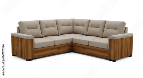 Elegant Corner Sofa with Wooden Frame and Neutral Cushions.