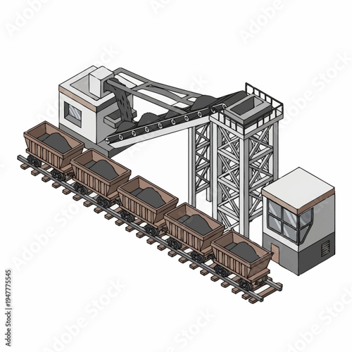 Isometric illustration of a coal loading facility with multiple rail cars on tracks, a conveyor belt system, and industrial buildings.