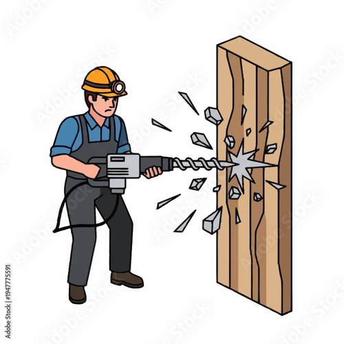 A construction worker wearing a hard hat and overalls uses a jackhammer to drill into a wooden plank, creating debris.