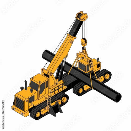 A yellow crawler crane is lifting a large black pipe, assisted by another smaller yellow crawler vehicle.