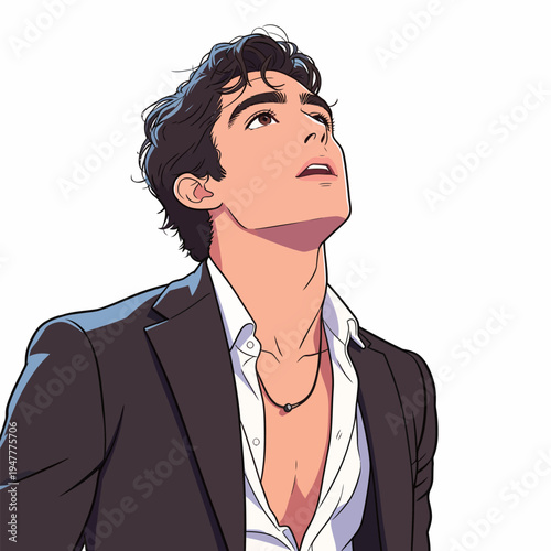 A young man stands with his head tilted upwards while wearing a suit. He appears focused and determined in the moment.