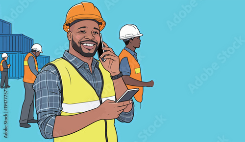 Men are at a construction site wearing safety vests and helmets. One man is talking on his phone while smiling.