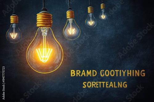 Hanging glowing vintage filament light bulbs against a dark textured chalkboard background with yellow handwritten-style text, warm inspiring and cozy mood