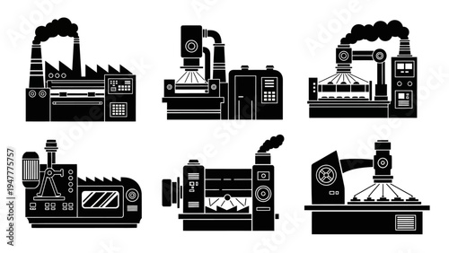 Collection of six industrial machine silhouettes in black and white, showcasing factory equipment and manufacturing technology