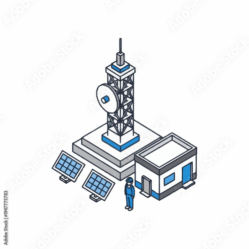 Isometric illustration of a communications tower with solar panels and a building.