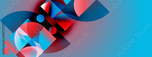 Abstract geometric shapes overlap, creating vibrant red, blue, cyan composition. Smooth gradients suggest depth, movement.