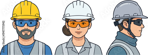 Construction Worker and Engineer PPE Vector Set – Hard Hats and Safety Glasses Characters (Front and Side Profile), Isolated