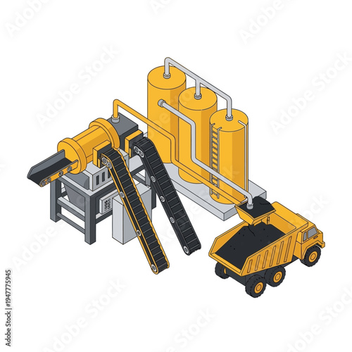 Isometric illustration of an industrial coal processing plant with a conveyor belt system and a dump truck loading coal.