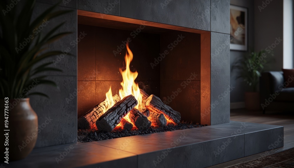 Fototapeta premium A fireplace features a vibrant fire with logs and glowing embers. The cozy setting includes a plant beside the fireplace and a comfortable couch in the background.