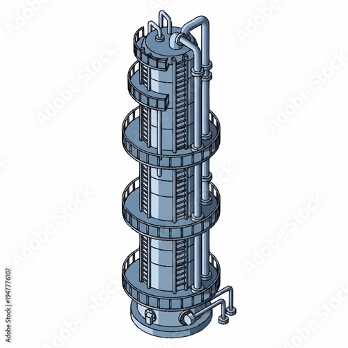 Isometric illustration of a tall, multi-stage industrial distillation column with external ladders and piping.