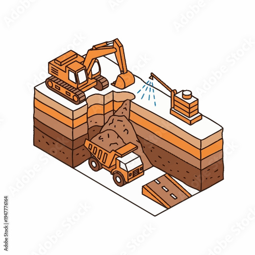 Construction site with excavator, dump truck, and water spraying system, illustrating earthmoving and excavation processes.