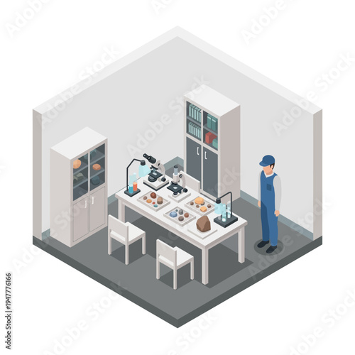 Isometric view of a laboratory with scientific equipment, samples, and a researcher standing by.