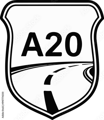 Stylized road sign with 'A20' designation and depiction of a curved roadway
