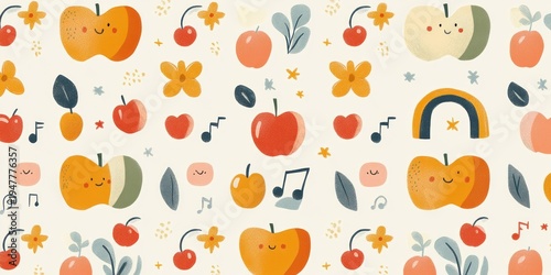 cheerful seamless pattern of smiling apples, cherries, small flowers, leaves, musical notes, rainbows, hearts and tiny stars on a soft cream background