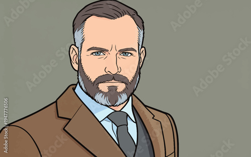 A man wearing a suit and tie stands against a plain background. He has a beard and looks directly at the viewer with a serious face.