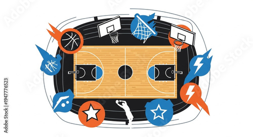 Basketball Court Illustration with Team Emblems and Energetic Graphics.